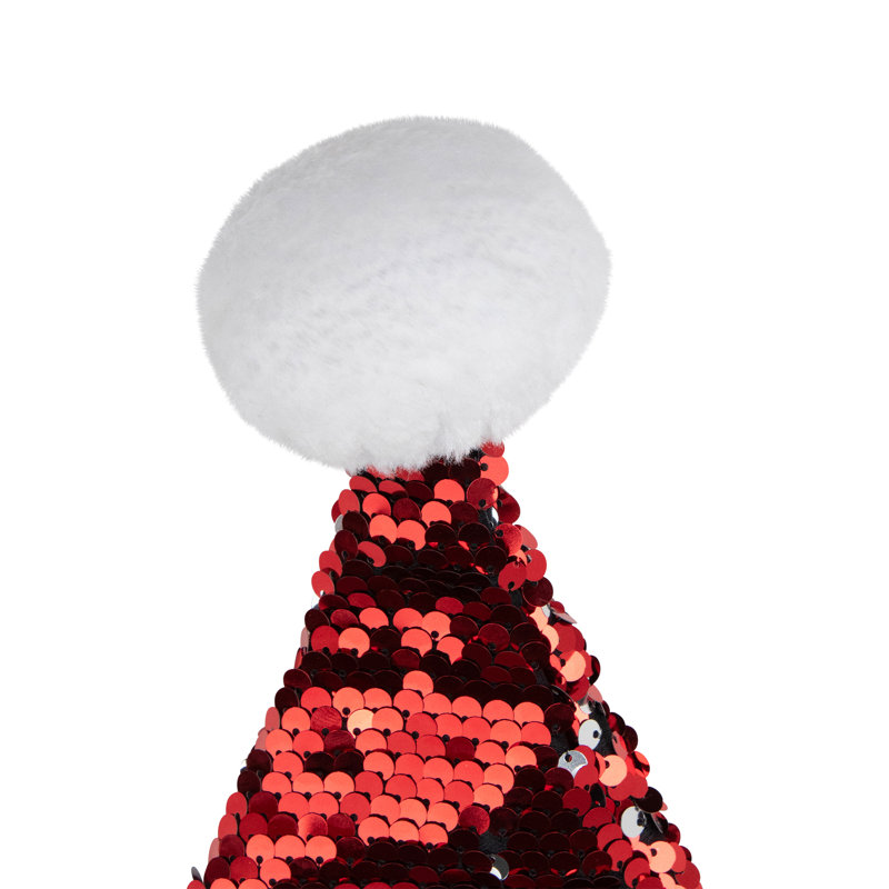 15" Reversible Sequined Christmas Santa Hat with Faux Fur Cuff, Red/Silver