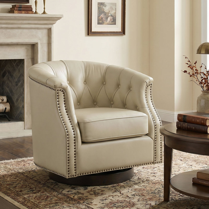 Chaise berçante Chesterfield, Cuir véritable beige