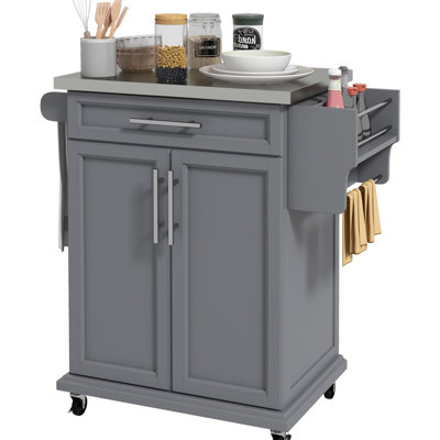 Rolling Kitchen Island Work Cabinet With Stainless Steel Countertop, Drawer, Towel Rack, Spice Rack In Gray Cart On Wheels, Countertop - And