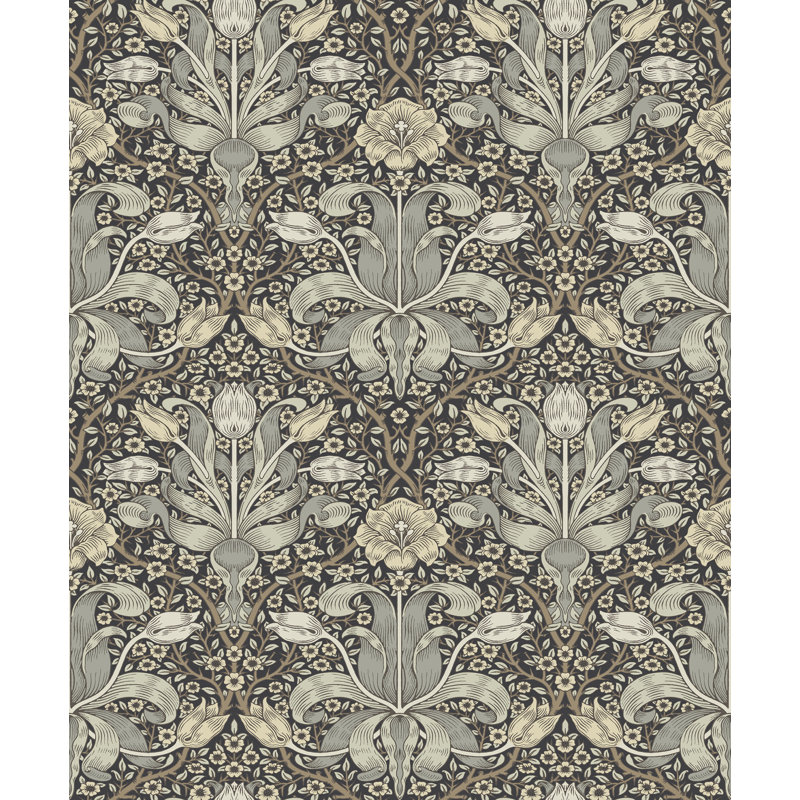 Spring Thicket Blue Tulip Damask Wallpaper, Gray