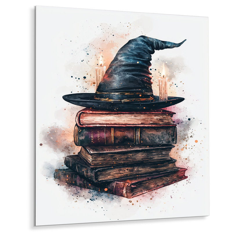 Livres de sorcier et chapeau de magicien I - fantaisie, décor métallique, livres, H 44 po x l 34 po