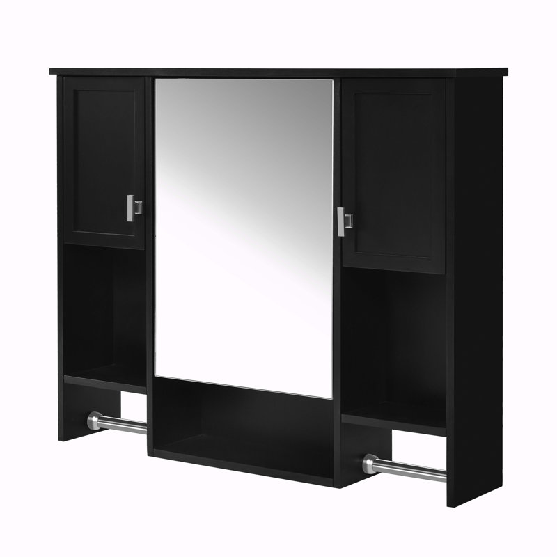 Armoire de rangement murale de salle de bain 35 "x 28" avec miroir, Noir / argenté