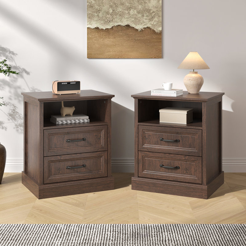 Farmhouse Nightstand With 2 Drawers, Wooden Bedside End Table Small Dresser For Bedroom, Living Room, Brown