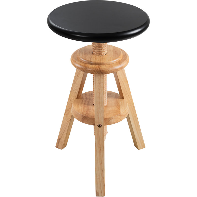 Hiltrun 18.9"-25.2"H Solid Hardwood Swivel Adjustable Height Counter Stool, Natural Base with Black Top, Black