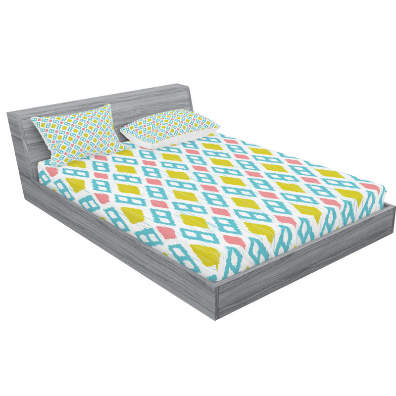 Microfiber Ikat Sheet Set, Queen Sheet Set + Fitted Sheet + Pillowcase, Green/Pink Ikat
