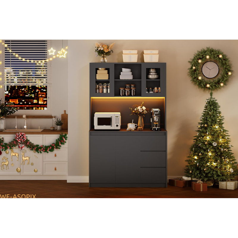 71" Tall Kitchen Pantry Cabinet with Adjustable Shelves, Microwave Space & Charging Station, Black