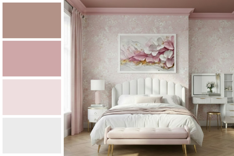 color-capped glam bedroom with a pink floral accent wall, pink crown molding, and a dark pink ceiling