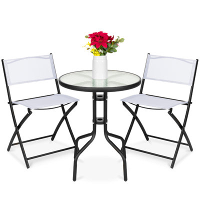  3-Piece Patio Bistro Dining Furniture Set W/ Glass Tabletop, Folding Chairs