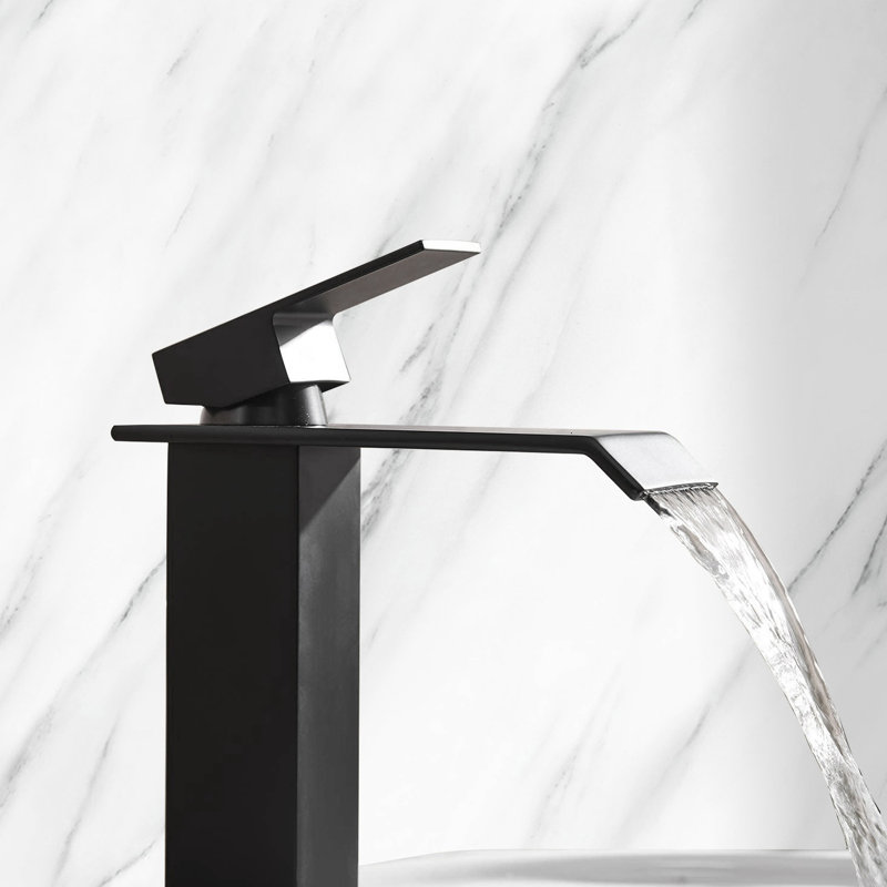 Robinet de salle de bain élégant - bec cascade, poignée simple, noir mat, finition de meuble-lavabo à température réglable noir