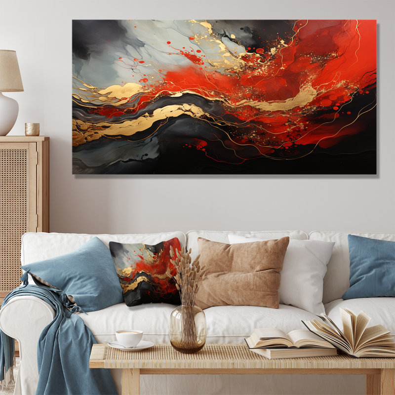 Rouge et feu de marbre doré I - art abstrait sur toile, H 28 po x l 60 po x P 1,5 po, Toile tendue