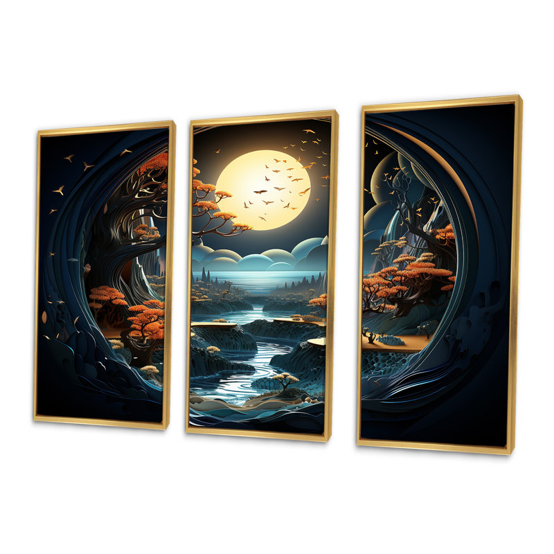 «Dreamy Moonlit Jungle II», art mural abstrait, Cadre flottant doré, H 32 po x l 48 po x P 1 po