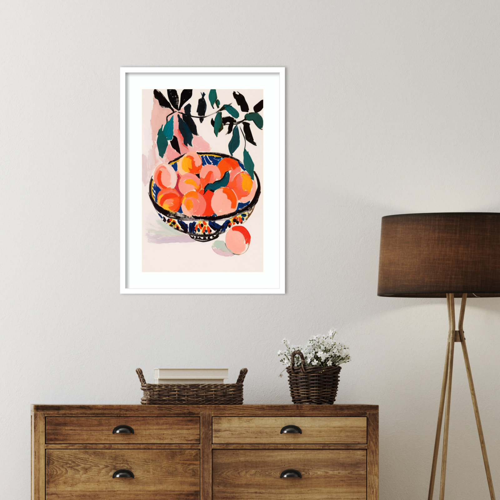 Ottilie "Fresh Peach Fruit Bowl" Print, White Framed, 33" H x 24" W