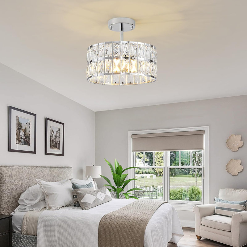 12" Modern Crystal Flush Mount, 3 Finishes (Gold/Silver/Black), E14 Base, No Bulb Included, Chrome