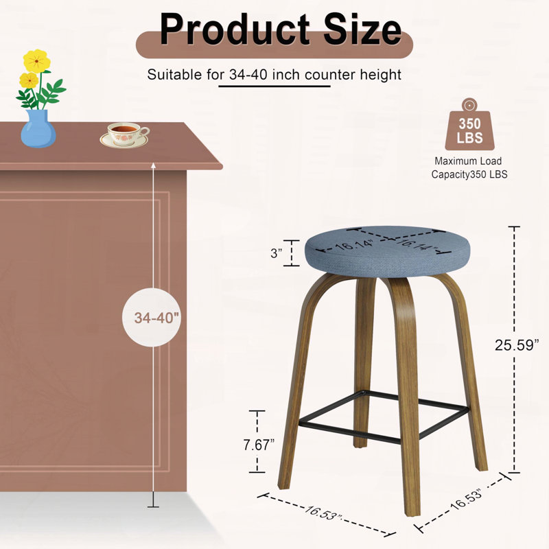 Tabouret de bar pivotant avec dossier sans dossier et siège en tissu, hauteur de 26 po, ensemble de 2, Bleu