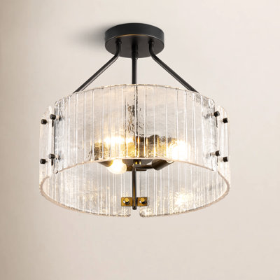15'' Modern Matte Black Semi Flush Mount Ceiling Light, 3-Light Ribbed Clear Glass Drum Ceiling Lamp