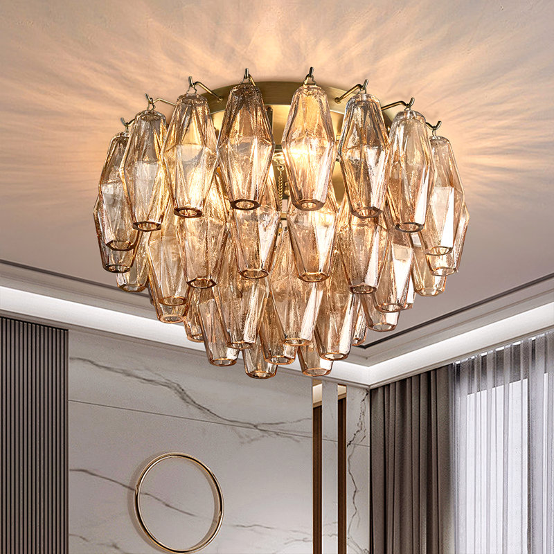Crystal Ceiling Light, 6 Lights, 11" H x 22" W x 22" D, Gold