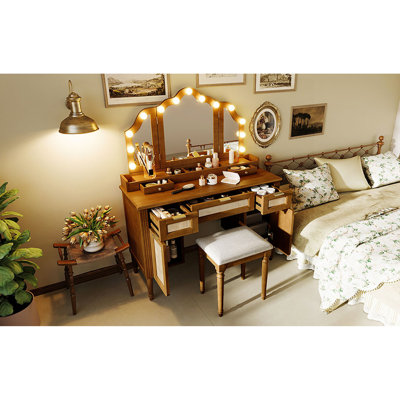 44.37" Makeup Vanity Desk with Stool Set, 13 Hollywood Bulbs & 3 Lighting Modes Dressing Table, Tri-Fold Mirror Large Vanity Table with Cushioned Stool, Charging Station, Ample Storage, Espresso