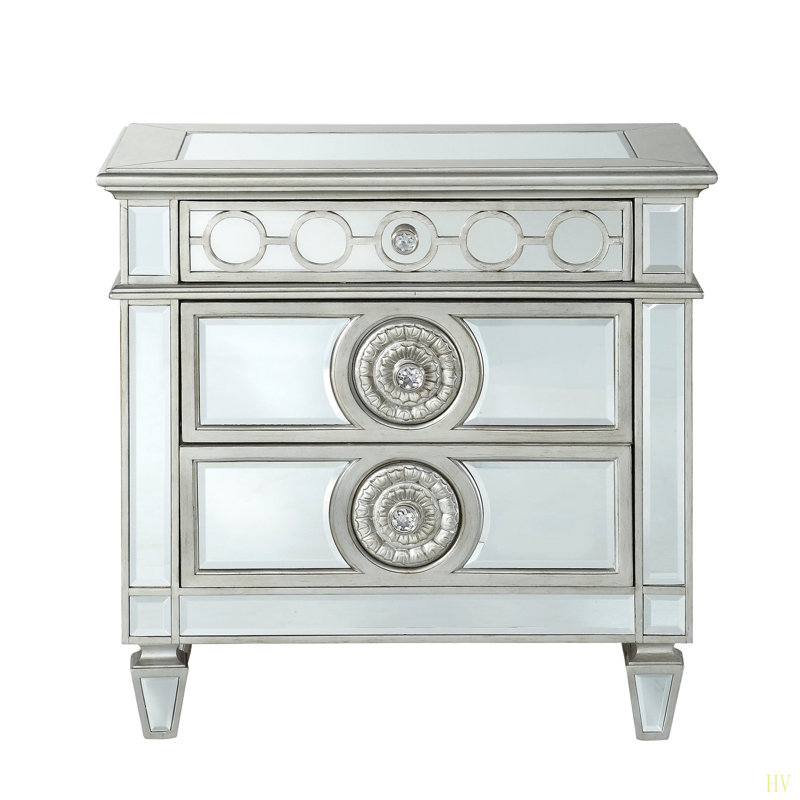 Glam Luxury Bedroom Mirrored Finish Nightstand With 2 Drawers Wooden Furniture 1Pc, Silver White