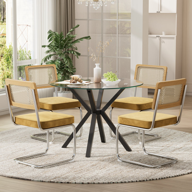 Ensemble de salle à manger 36 po moderne en verre trempé avec chaises en rotin de velours, 5 Pieces: Table, 4 Chairs, Black