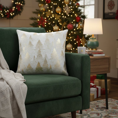 20" Ivory And Gold Cotton Winter Trees Throw Pillow