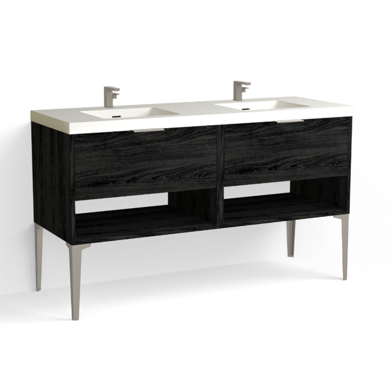 Modo 60" W Freestanding Double Bathroom Vanity with Dean Leg, Satin Nickel, Gloss White/Single, Nocino