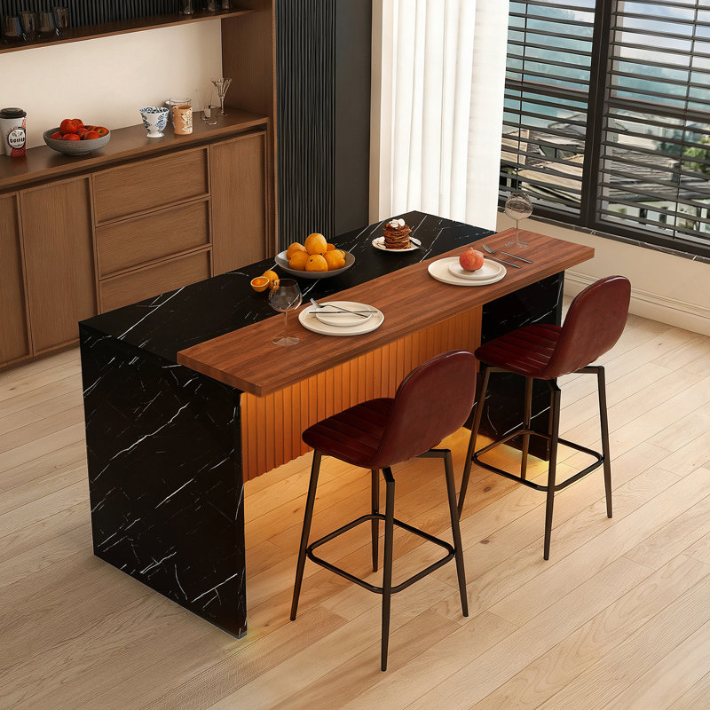 Table moderne avec 2 tabourets de bar, ensemble de table de salle à manger avec éclairage DEL pour la salle à manger