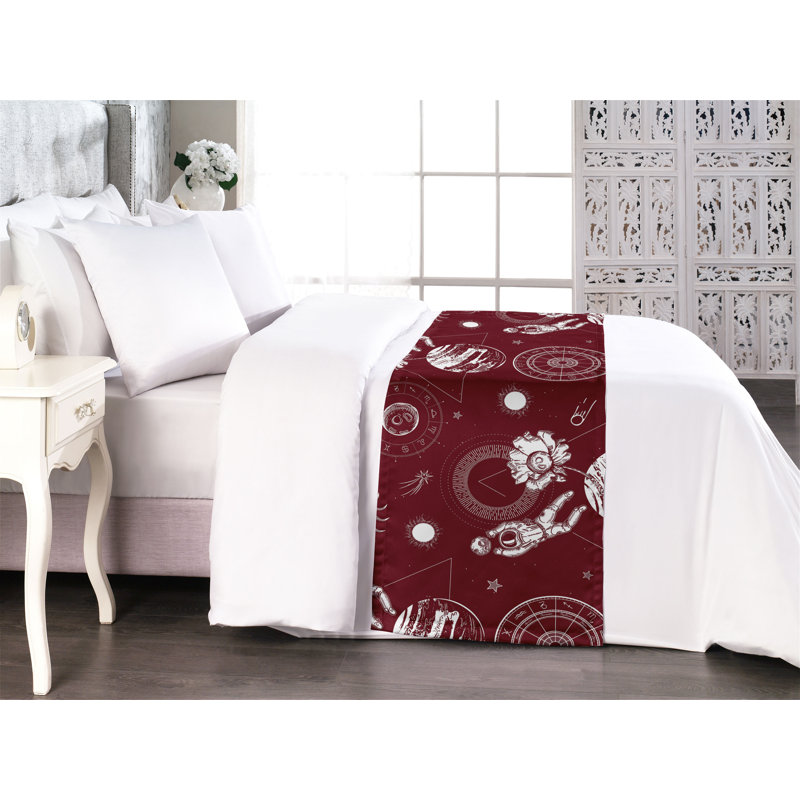 Ambesonne Space Bed Scarf Runner Outer Space Astronaut Moon Ruby Eggshell, King