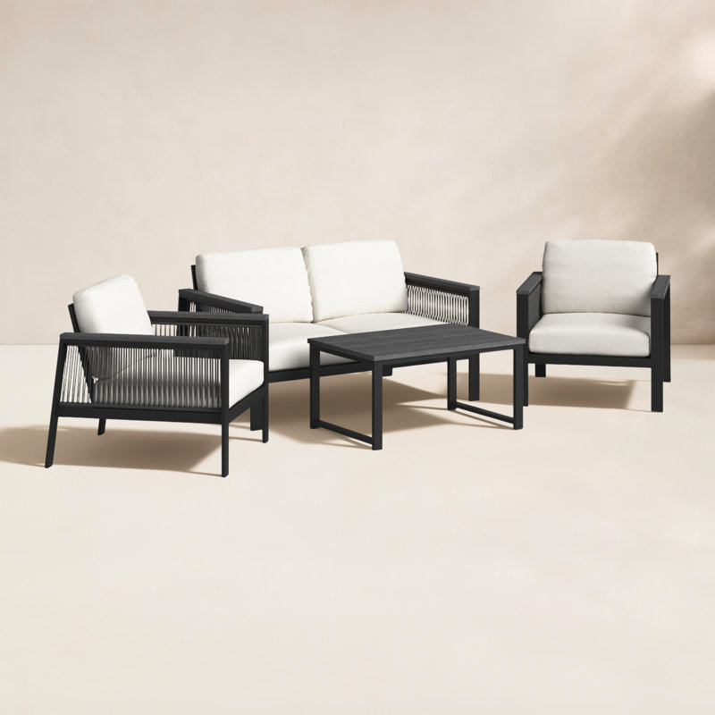 Ensemble de conversation d'extérieur pour 4 personnes avec coussins Sunbrella® Townsend, Toile blanche / gris corde