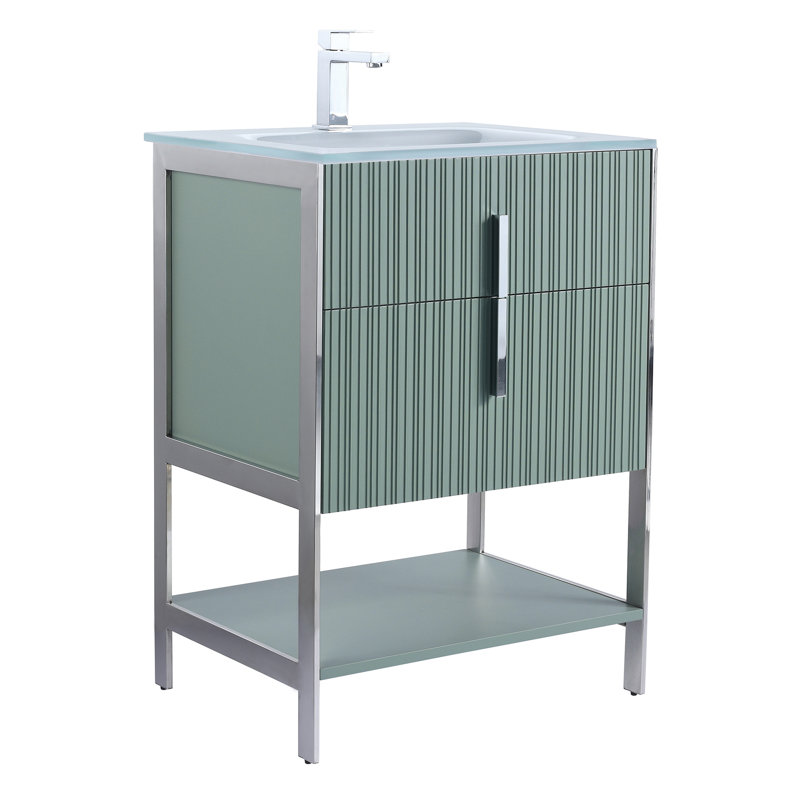  Meuble-lavabo moderne avec plateau en verre blanc Serenity, Vert menthe / chrome, 24"