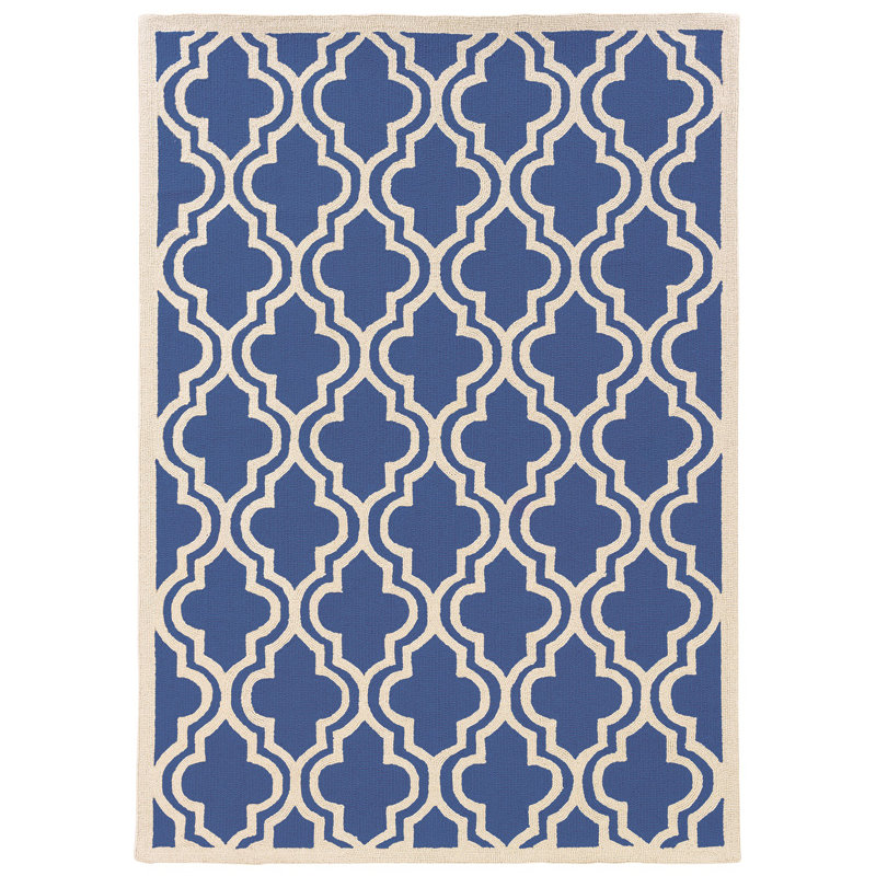 Tapis bleu / ivoire géométrique en laine crocheté à la main, Rectangle 5 pi x 7 pi