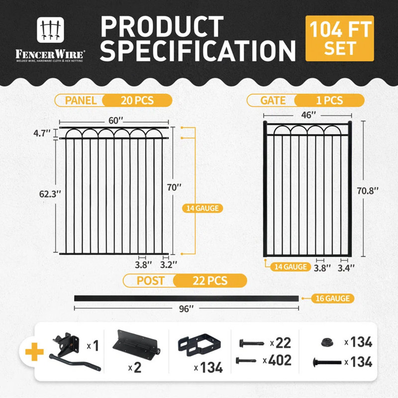 104FT Heavy Duty Arc Fence Barrier Kit, Anti-Rust Metal Steel Fence with 6FT Height X 5FT Width Panels, Gate, Posts, Connectors, Diameter Outdoor Fencing for Yard, Pool, Patio