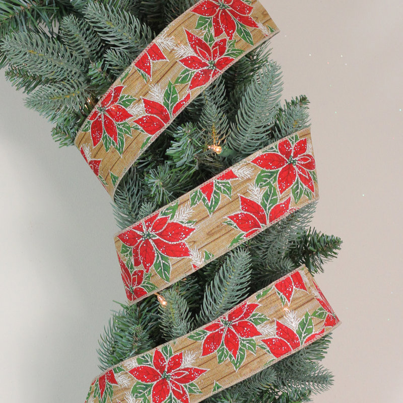 Ruban de Noël rouge et vert avec fils poinsettia 2,5 po x 16 po