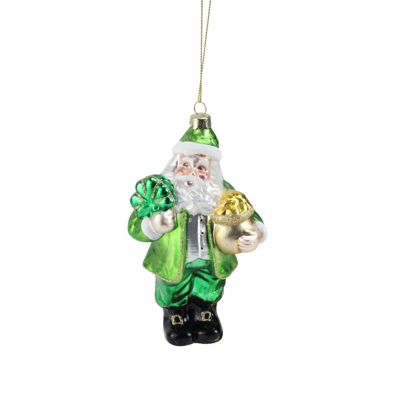 Ornement de Noël 5,5 po en verre Père Noël irlandais vert