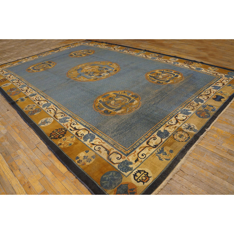 Antique Geometric Medallion Wool Hand Knotted Pile Blue 1930s Rug