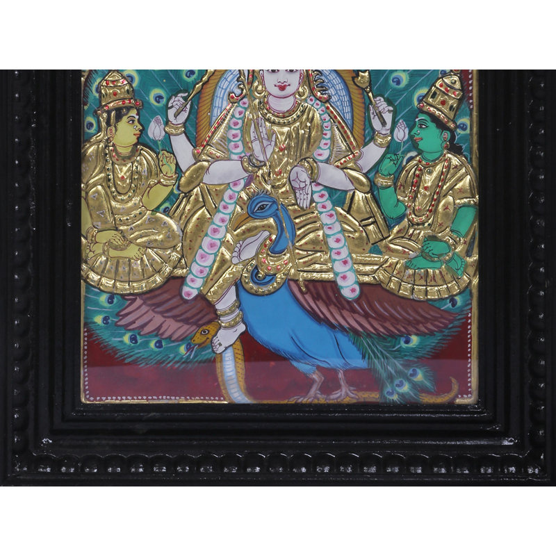 Lord Murugan avec Valli et Theivanai | Couleurs traditionnelles avec or 24 carats | Tanjore avec cadre en bois de teck