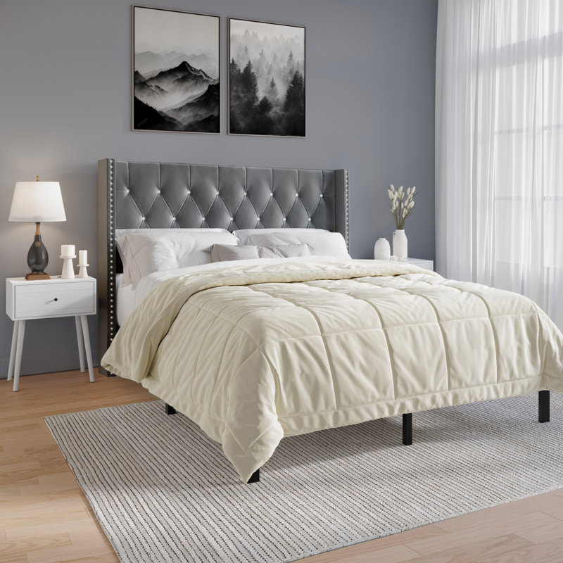 Eymi Velvet Upholstered Bed with 2 Nightstands, Light Gray, Queen