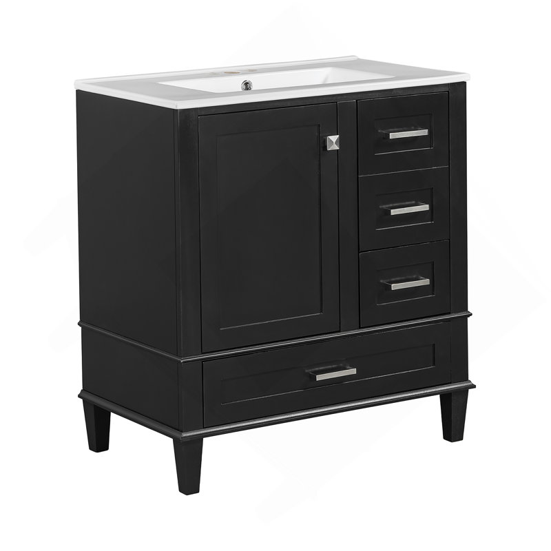 Ensemble de meuble-lavabo moderne avec lavabo 30 po, meuble-lavabo moderne avec porte à fermeture douce et 3 tiroirs, structure en bois massif (noir)