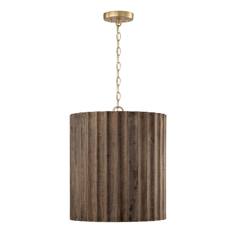 16.5" W x 19.5" H 3-Light Reversed-Flute Handcrafted Mango Wood Pendant in Nordic Wood with Matte Brass and White Glass Diffuser