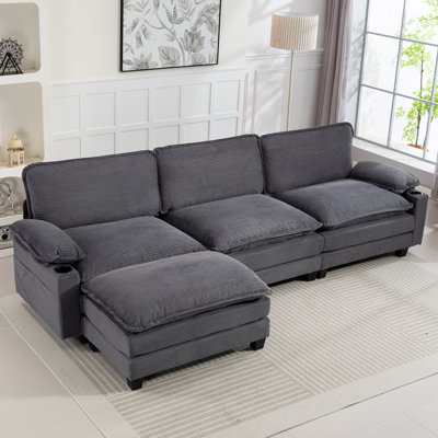113 Inch Modern L-Shaped Corduroy Fabric Sofa With Storage Bags, Modular Sectional Cloud Couch With Ottoman, 35D High-Resilience Sponge For Comfort, Double-Layer Thick Cushion With Cup Holders, Stylish Couches For Living Room