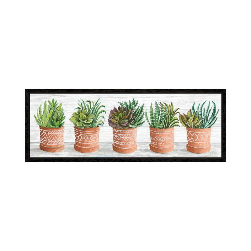 Terracotta Pots II by Cindy Jacobs - Panoramic Painting on Canvas, 40.64cm H x 121.92cm W x 3.81cm D, Black Framed Canvas