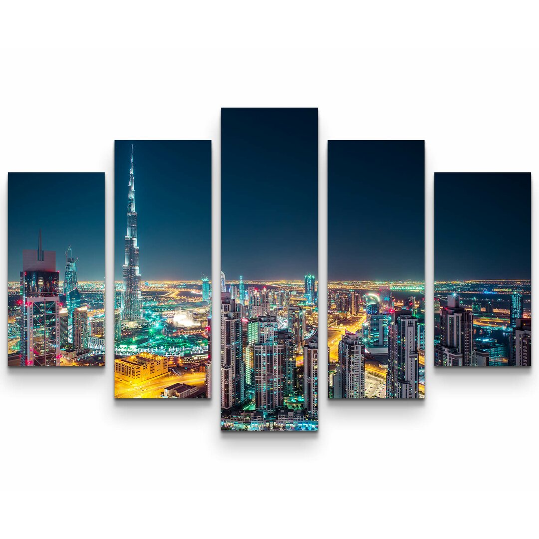 5-tlg. Leinwandbilder-Set Skyline bei Nacht Dubai - UAE