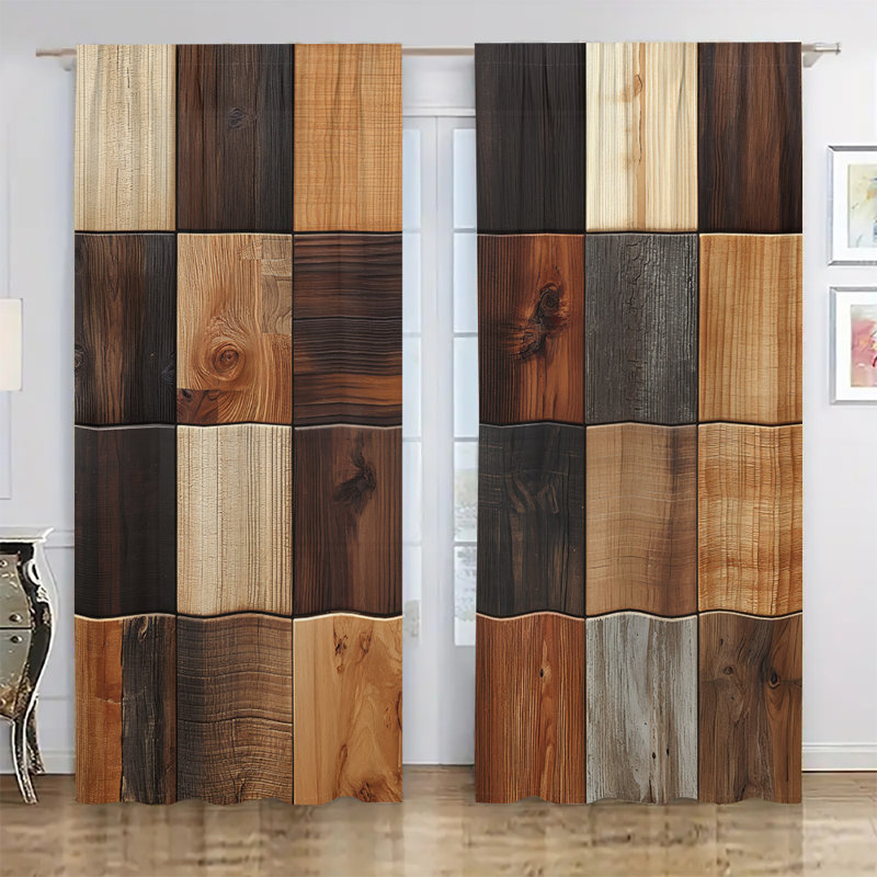 2Pcs Wooden Mosaic Pattern Curtains Rod Pocket Mount Multi-Tone Wood Texture Printed  Rustic Farmhouse for Living Room Bedroom Kitchen Home Decor Window Drapes