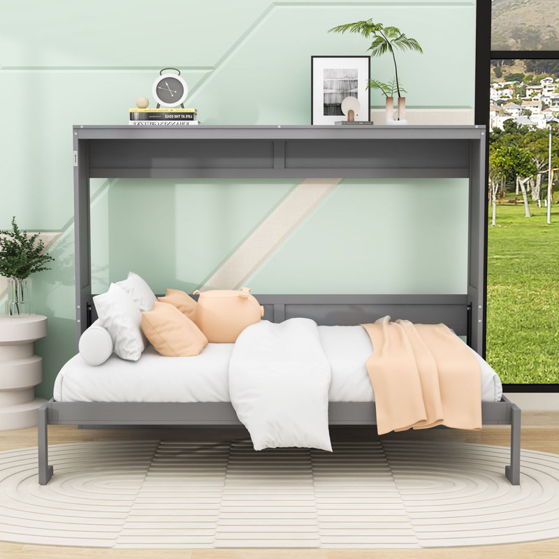 Lit escamotable en bois avec confort flexible, Gris, Double