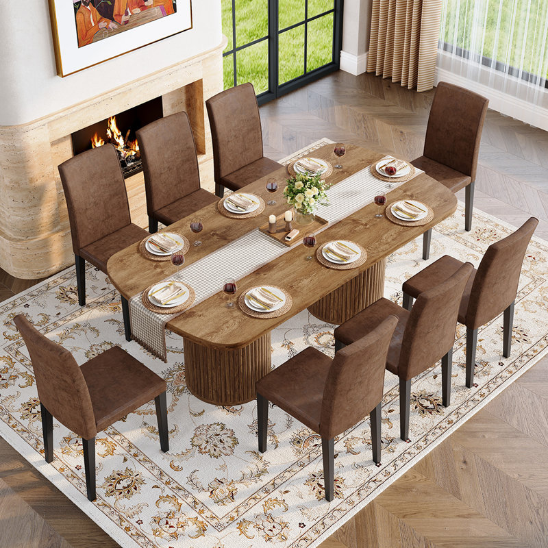 Ensemble de table de salle à manger moderne pour table de salle à manger en bois foncé 6/8/10 - 79 "avec base à double piédestal et rangement caché, chaises rembourrées en suède, grande cuisine