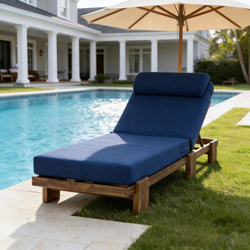 Outdoor Acacia Wood Chaise Lounge With Adjustable Recline, Headrest & Pull-Out Side Tray For Patio Or Poolside, Navy Blue
