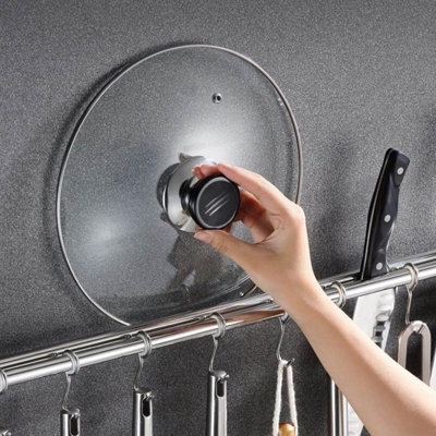 Tringle à ustensiles de cuisine sans perceuse, support de couvercle de casserole mural avec crochets coulissants, organisateur de rangement de batterie de cuisine pour casseroles, poêles, spatules et serviettes