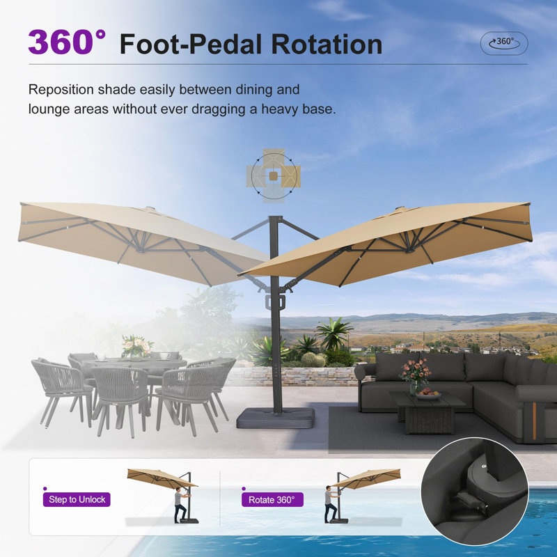 Grand parasol rectangulaire extérieur en porte-à-faux décalé en aluminium 120 po x 156 po avec base et rotation à 360 degrés