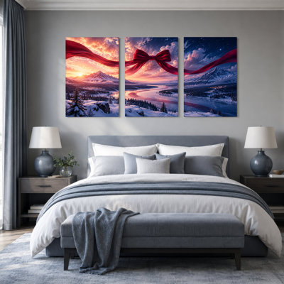 Ensemble de 3 toiles murales géantes avec nœud rouge au coucher du soleil, thème de Noël enneigé
