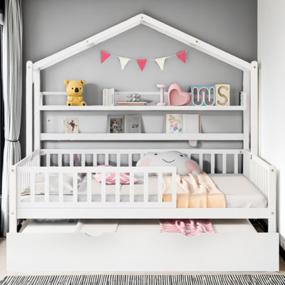 Wooden House Bed With Twin Size Trundle