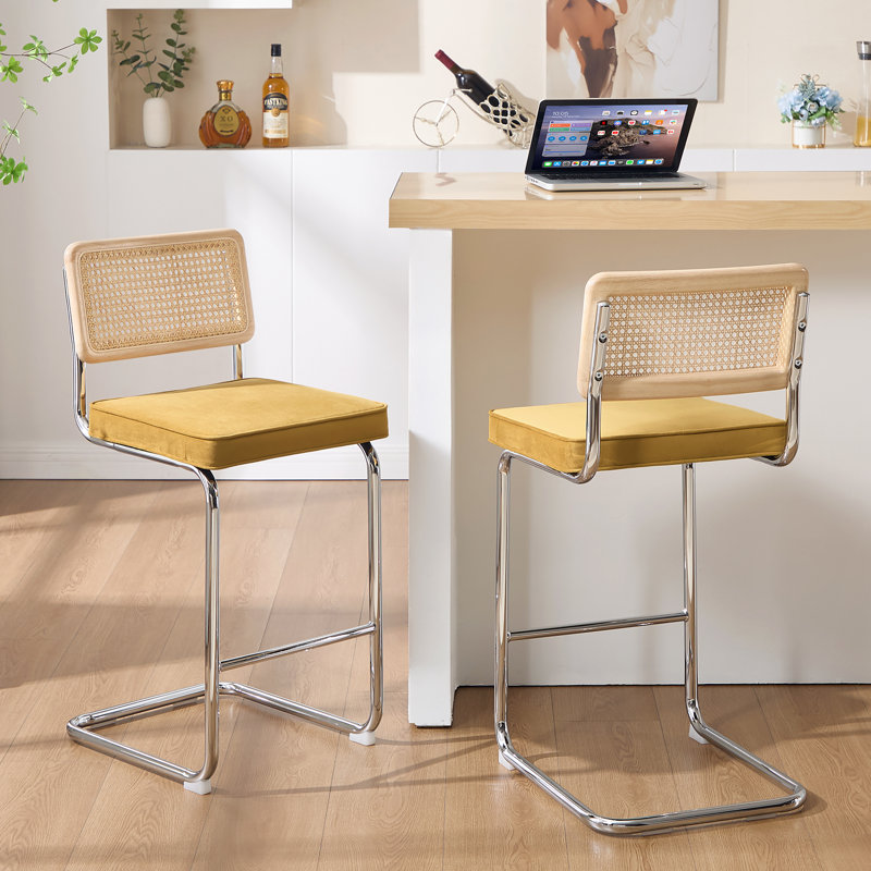 Tabouret de bar 26 po Marlow, Velours jaune / structure chromée, 2, Hauteur du siège de 26 po